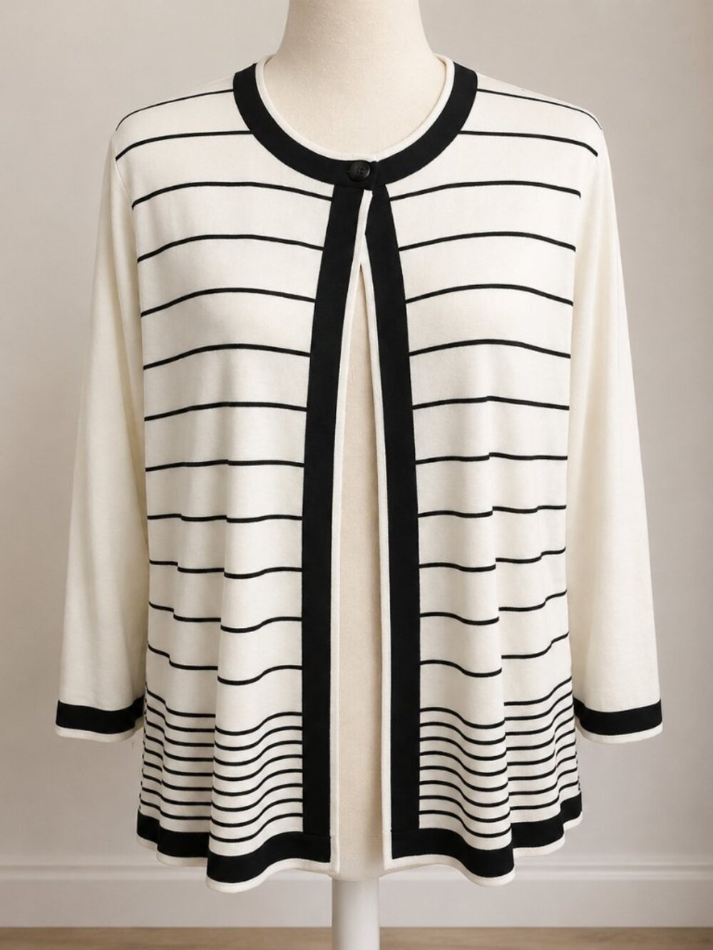 Misook Striped Knit Cardigan Top Medium Petite White Black Single Button Sweater